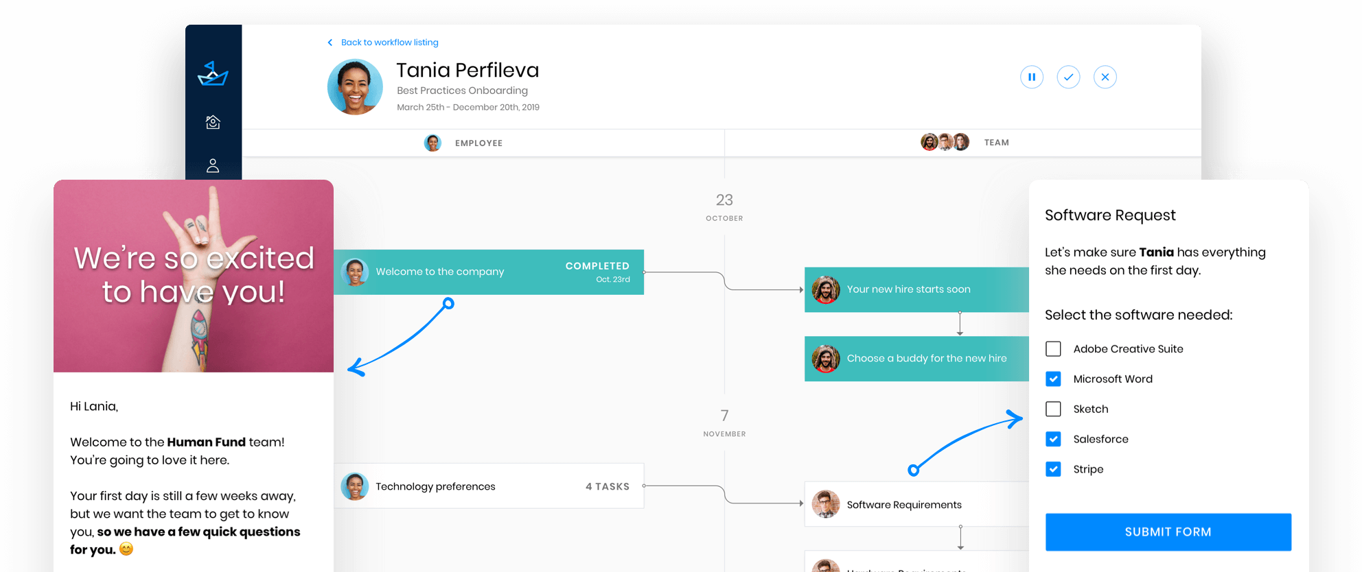 Onboarding workflow welcoming new employee.  Showing excitement to have new employee, tech request setup, and timeline of actions for the new hire. 